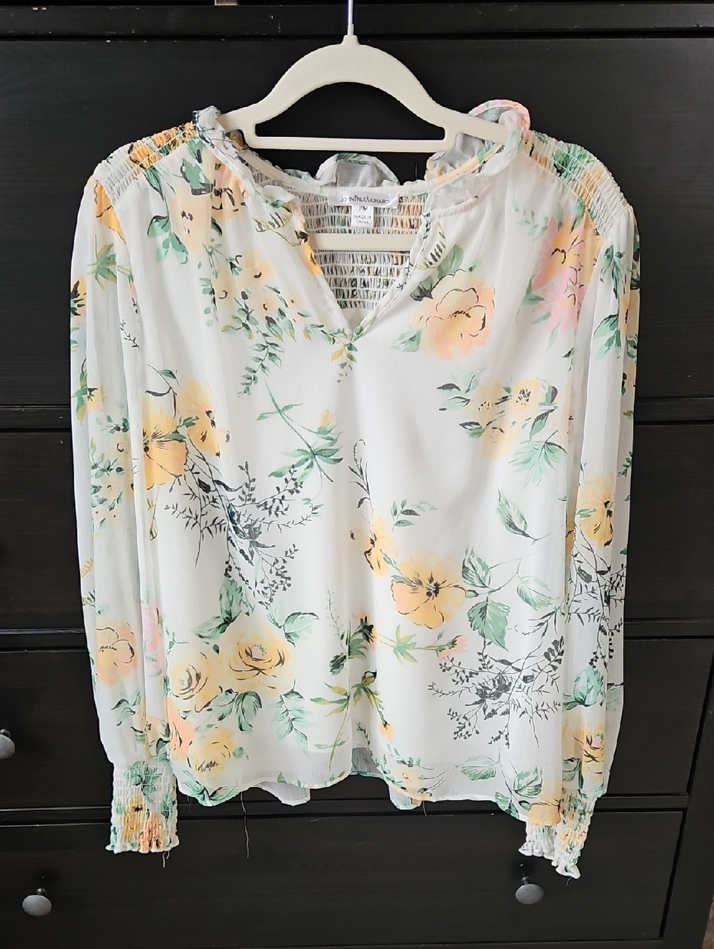 JohnPaulRichard White Floral Smocked Peasant Blouse with Yellow & Green Accents